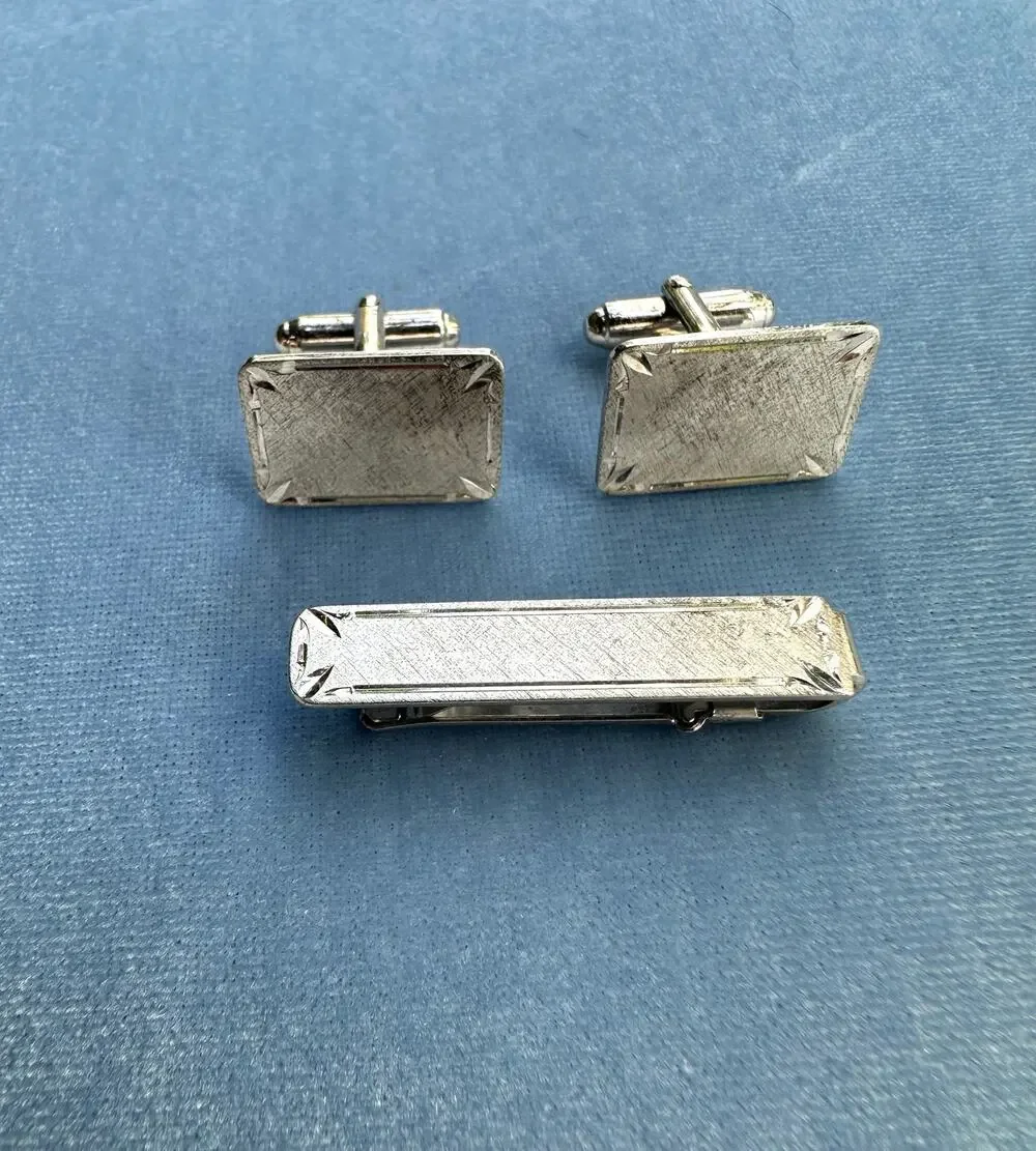 Vintage Signed Sterling Silver Cufflinks Tie Clip Set Bark Textured